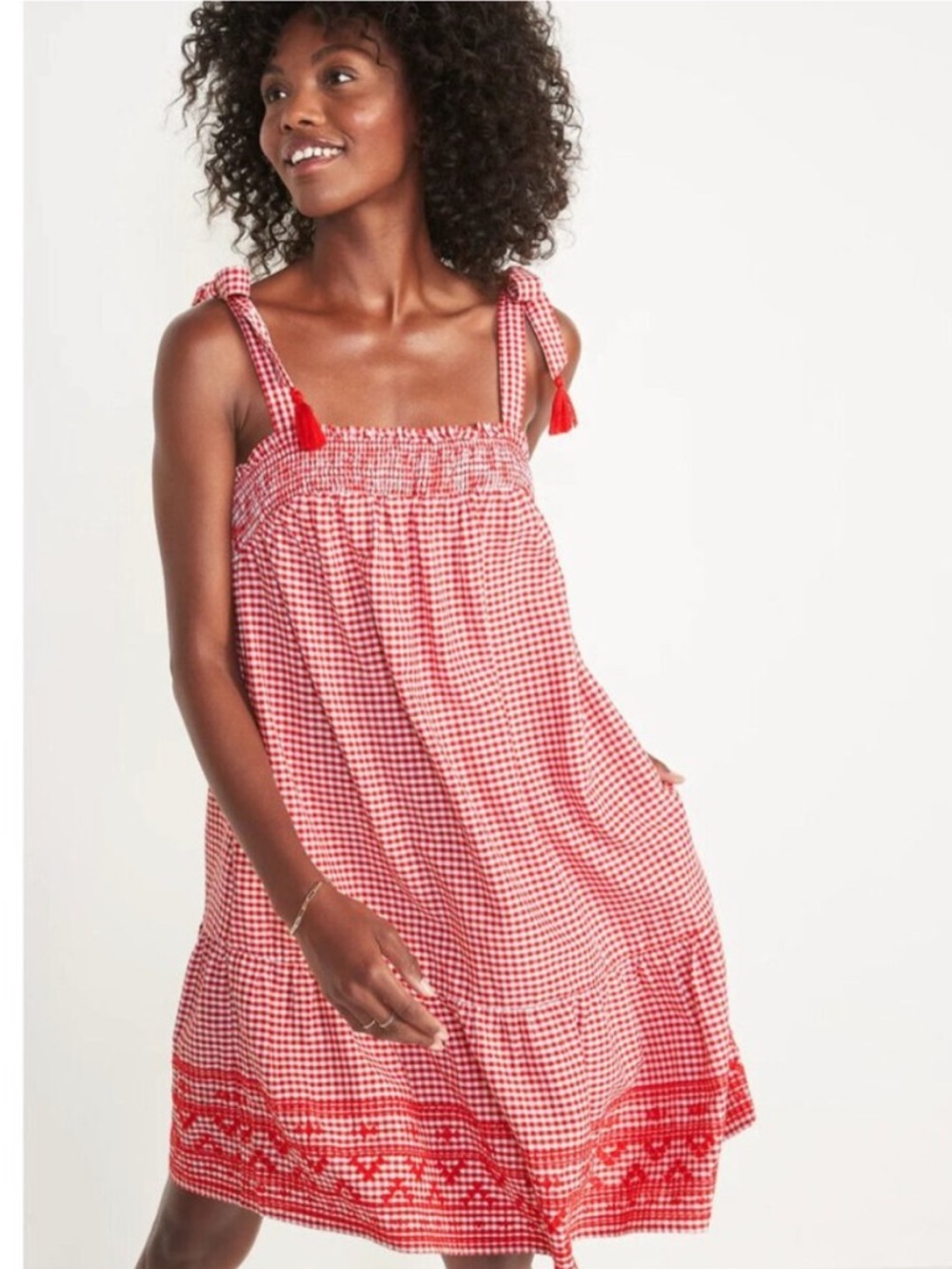 Red Gingham Cottagecore Americana Tiered Shoulder Tie Swing Embroidered Dress